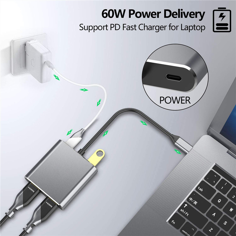 Stazione di attracco 4-in-1 con 2 doppie porte HDMI 4K e adattatore USB-C tipo-C a doppio HDMI