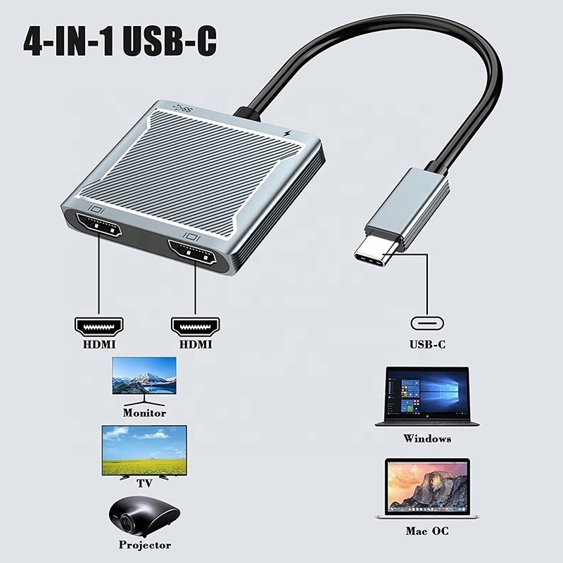 Connettore di interfaccia USB tipo C doppio adattatore HDMI 4K 4 in 1 USB 3.0 Hub per laptop