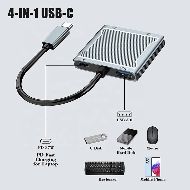 Connettore di interfaccia USB tipo C doppio adattatore HDMI 4K 4 in 1 USB 3.0 Hub per laptop