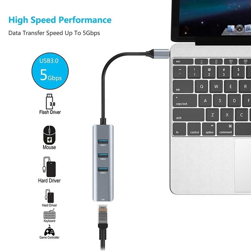Interfaccia USB 3.1 Tipo C a 9 porte Adaptatore USB A 3.0 con scheda di rete Ethernet Gigabit RJ45 Grigio