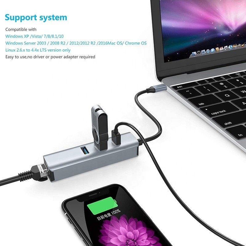 Interfaccia USB 3.1 Tipo C a 9 porte Adaptatore USB A 3.0 con scheda di rete Ethernet Gigabit RJ45 Grigio
