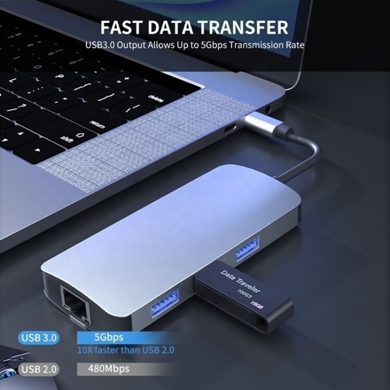 6 in 1 USB A Hub 4K HDMI USB3.0 RJ45 1000Mbps PD