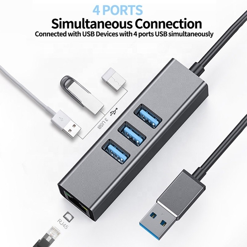 Grigio USB3.0 Hub e RJ45 Lan Adapter con 3 porte USB Gigabit Ethernet Network Card