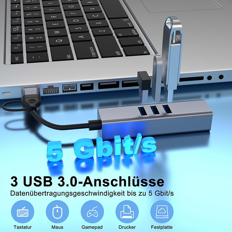 Adaptatore LAN USB tipo C 6 in 2 USB C Hub con 3 porte USB 3.0 e interfaccia LAN RJ45 Gigabit
