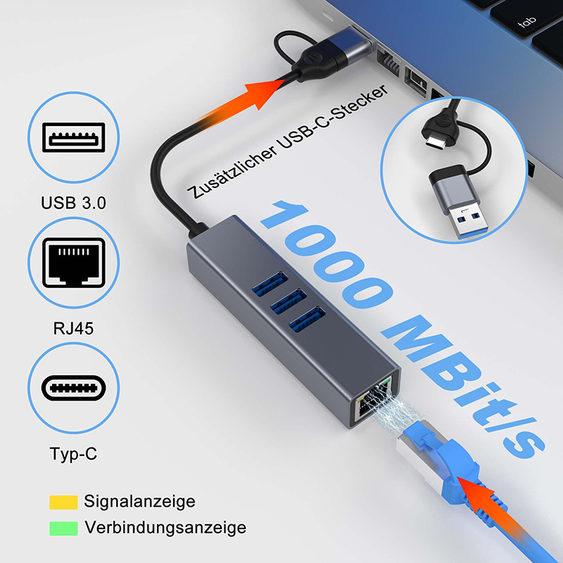 Adaptatore LAN USB tipo C 6 in 2 USB C Hub con 3 porte USB 3.0 e interfaccia LAN RJ45 Gigabit