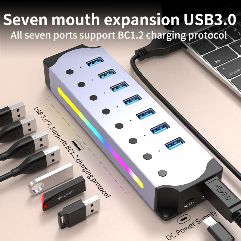Logo personalizzato Accepted Speed USB 3.0 Hub con 7 porte e design in lega di alluminio