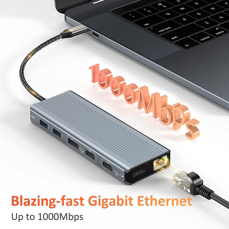 Interfaccia USB 3.1 Tipo C a 9 porte Adaptatore USB A 3.0 con scheda di rete Ethernet Gigabit RJ45 Grigio