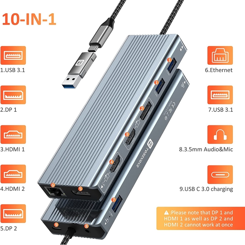 Interfaccia USB 3.1 Tipo C a 9 porte Adaptatore USB A 3.0 con scheda di rete Ethernet Gigabit RJ45 Grigio