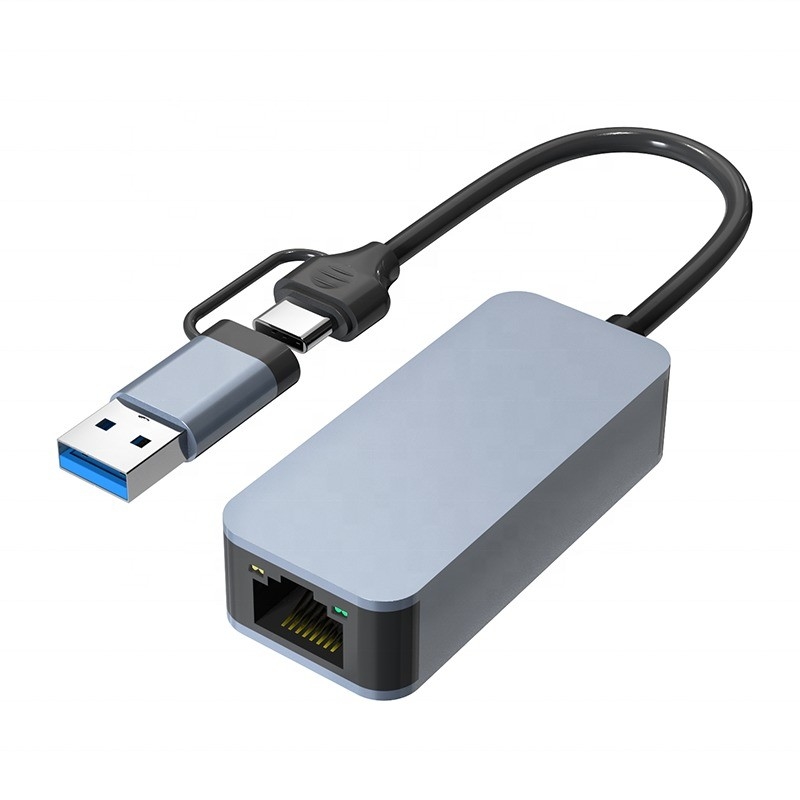 Adaptatore Ethernet 2 in 1 in alluminio USB 3.0 tipo C per una connessione di rete rapida e stabile