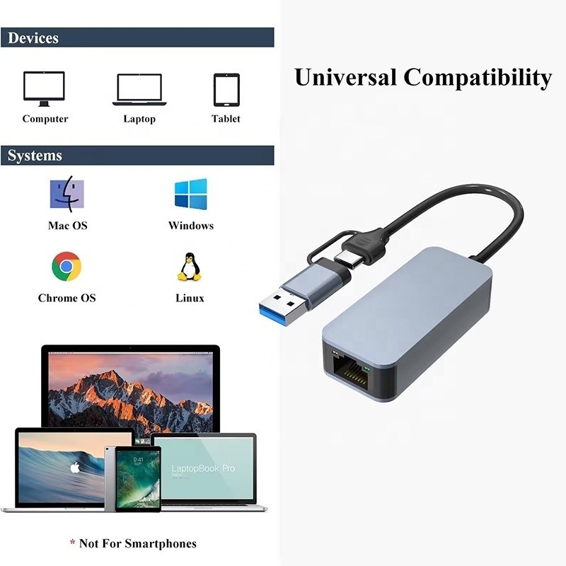 Adaptatore Ethernet 2 in 1 in alluminio USB 3.0 tipo C per una connessione di rete rapida e stabile
