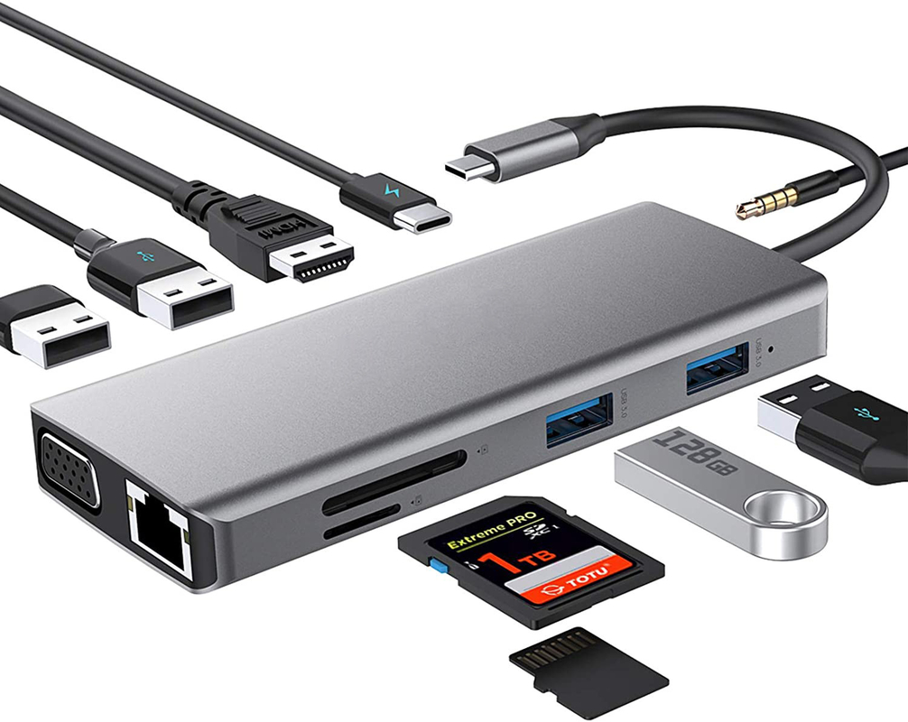 USB C Hub Tipo-C a USB 3.0 HDMI VGA RJ45 Lan SD TF Audio Adapter USB Grigio Multiport